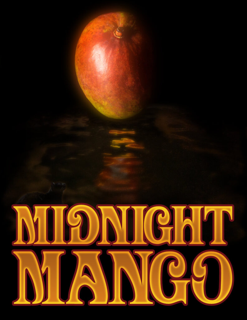 a mango in the air above water that is reflecting the mango details, all against black with the Midnight Mango wordmark beneath